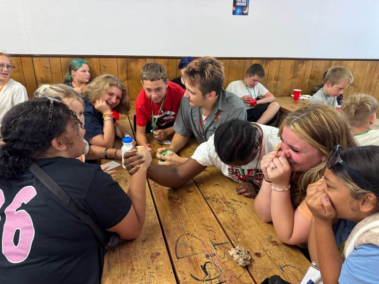 Campers performing a skit in the dining hall